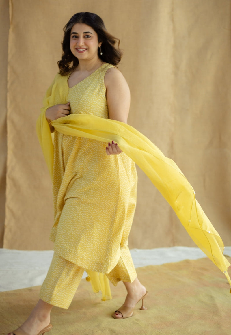 Aziza Mustard Hand Block Print Slub Cotton A Line Kurta