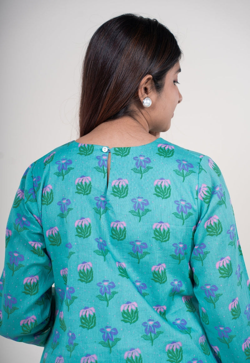 Reva Mint Green Printed Mul A Line Kurta with Hand Embroidery