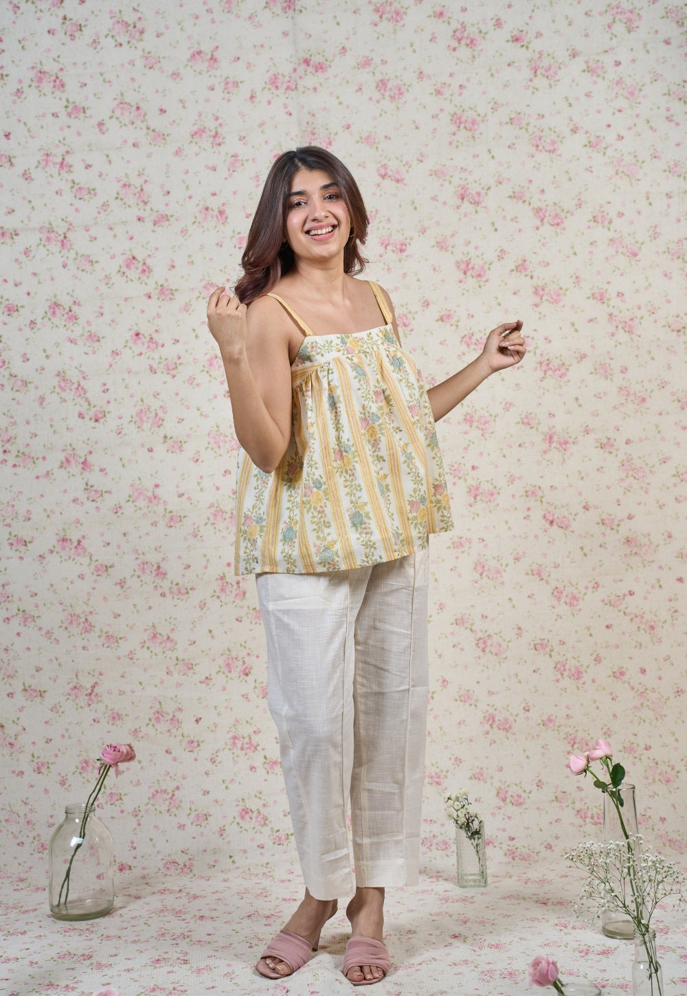 Ivy Yellow Sanganeri Mul Cotton A Line Short Top