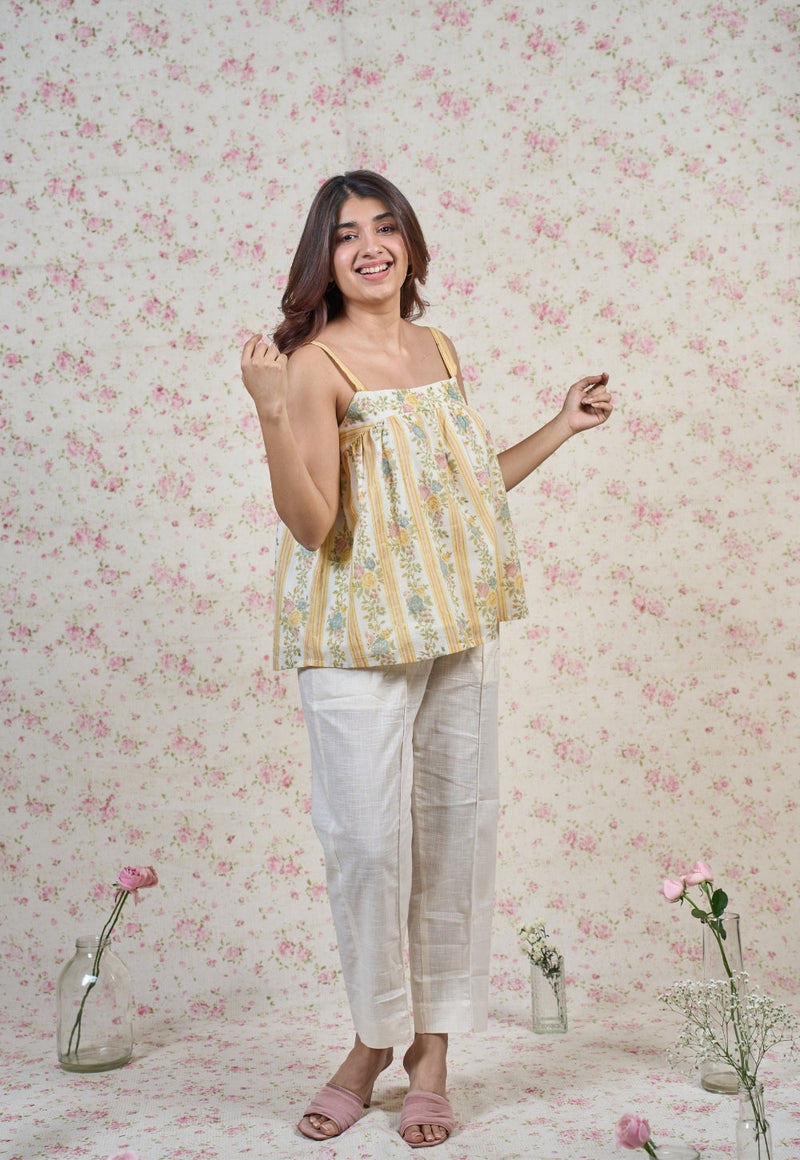 Ivy Yellow Sanganeri Mul Cotton A Line Short Top