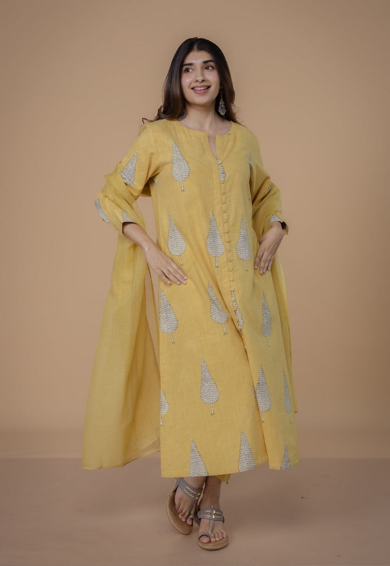 Myra Yellow Solid Slub Cotton Narrow Pant
