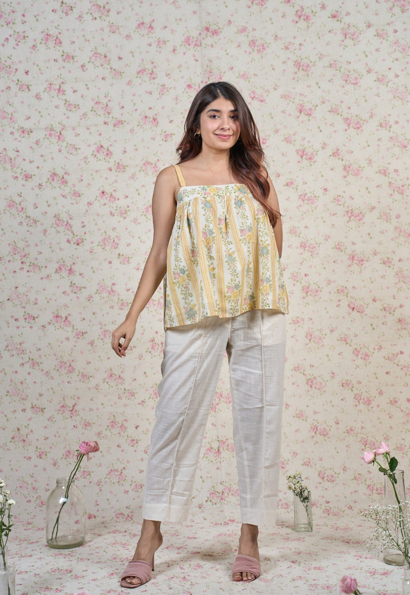 Ivy Yellow Sanganeri Mul Cotton A Line Short Top