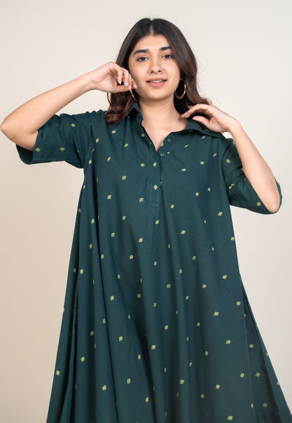 Srisha Green Dabu Cotton A Line Dress