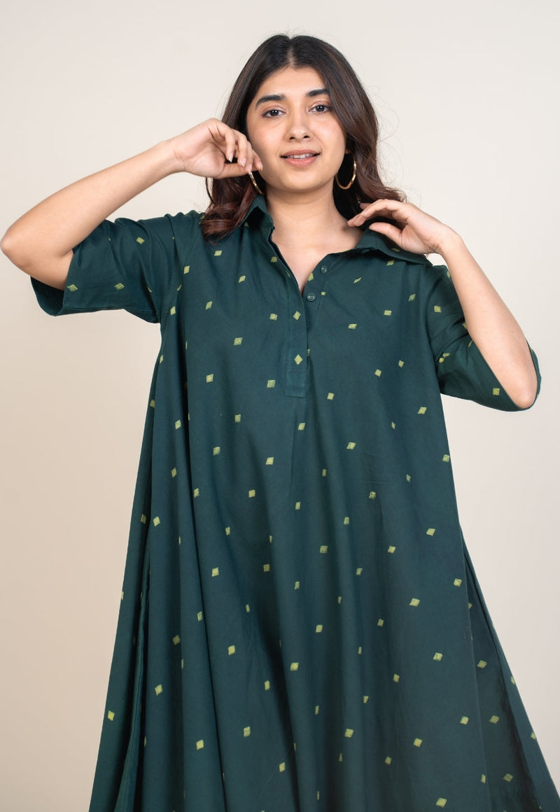 Srisha Green Dabu Cotton A Line Dress