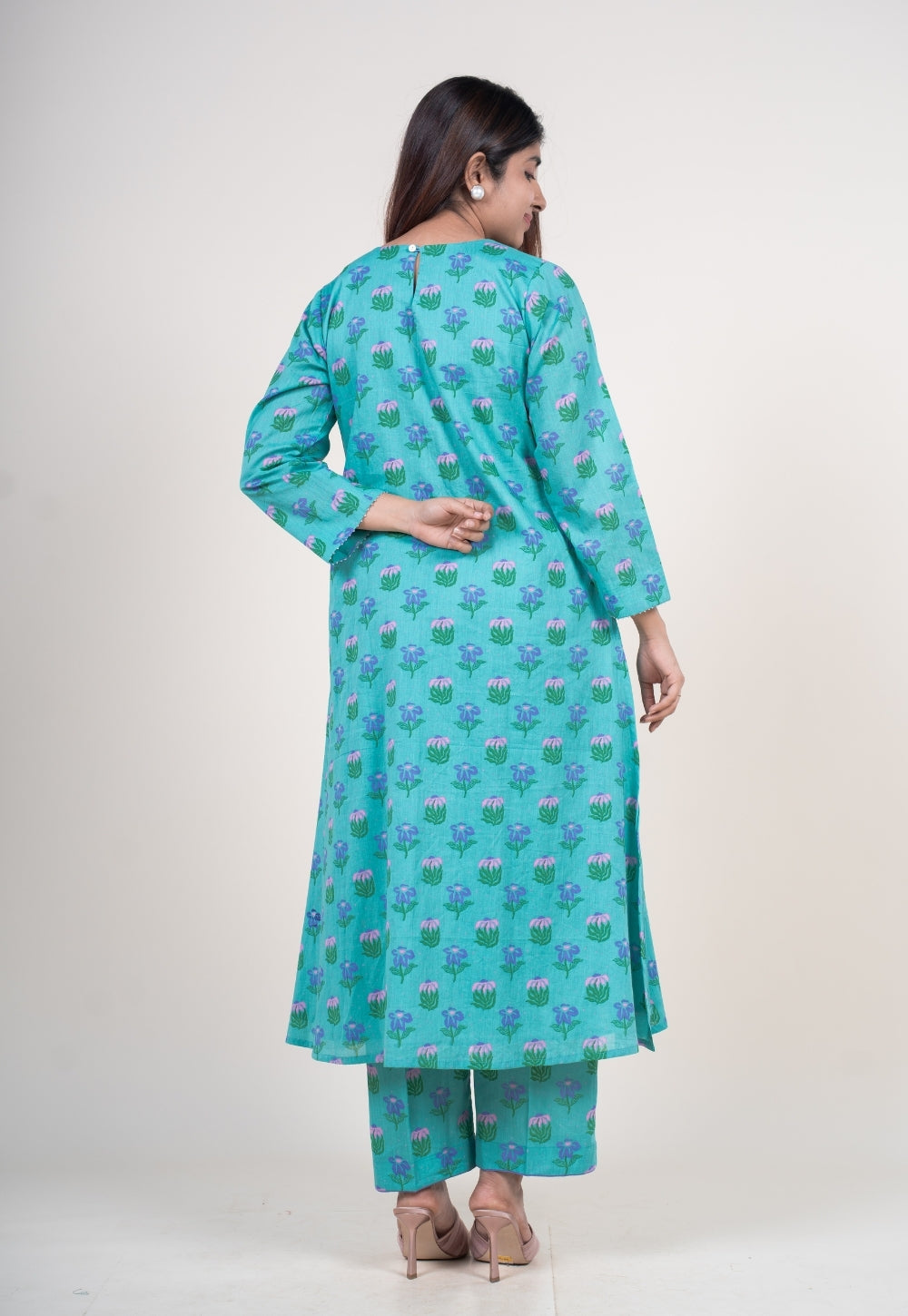 Reva Mint Green Printed Mul A Line Kurta with Hand Embroidery
