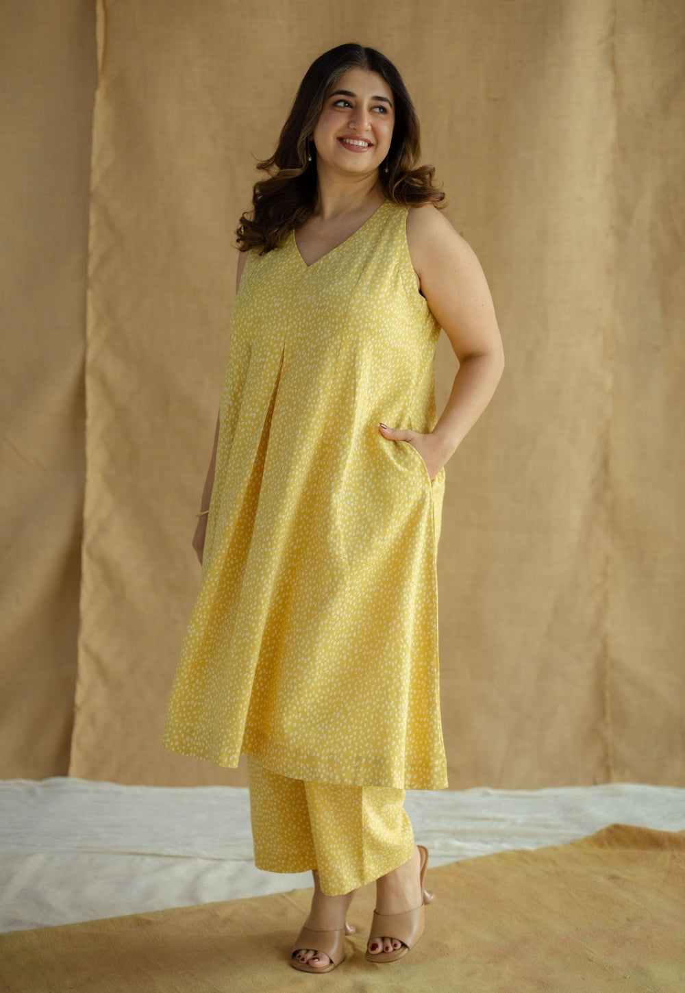 Aziza Mustard Hand Block Print Slub Cotton A Line Kurta