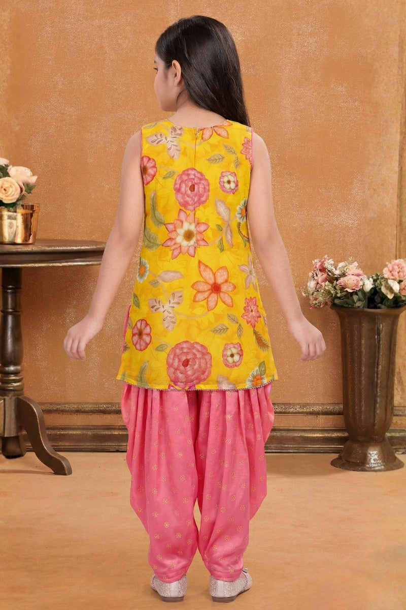 Girls Yellow Floral Embroidered Kurti With Pink Patiala And Dupatta Set
