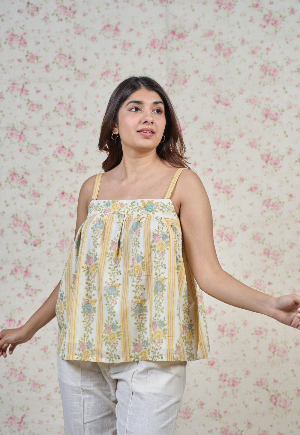 Ivy Yellow Sanganeri Mul Cotton A Line Short Top
