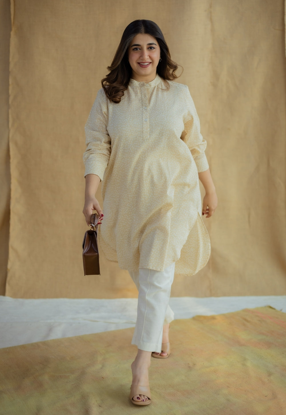 Nashwa Cream Hand Block Print Slub Cotton A Line Kurta