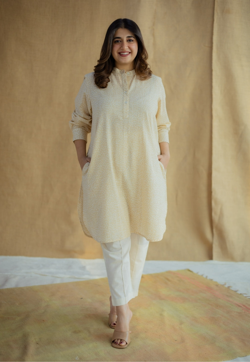 Nashwa Cream Hand Block Print Slub Cotton A Line Kurta