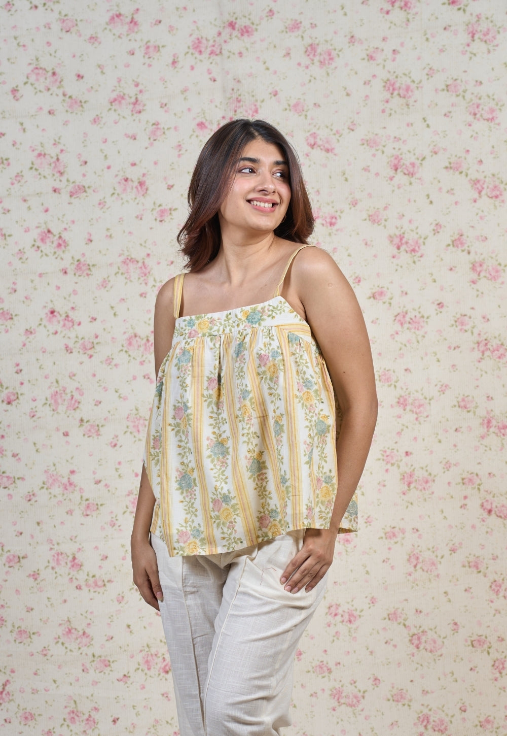 Ivy Yellow Sanganeri Mul Cotton A Line Short Top