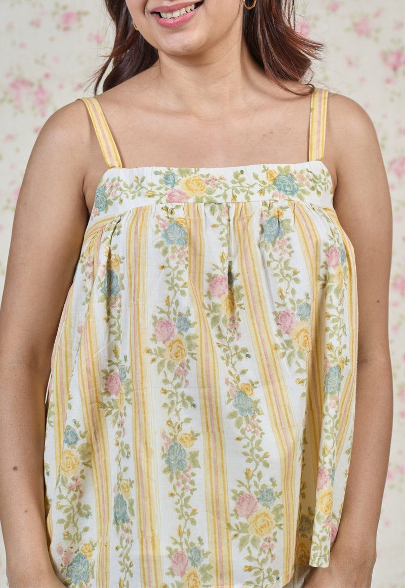 Ivy Yellow Sanganeri Mul Cotton A Line Short Top