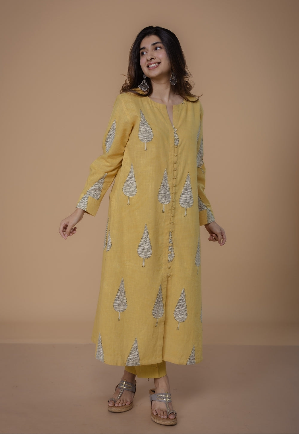 Myra Yellow Solid Slub Cotton Narrow Pant