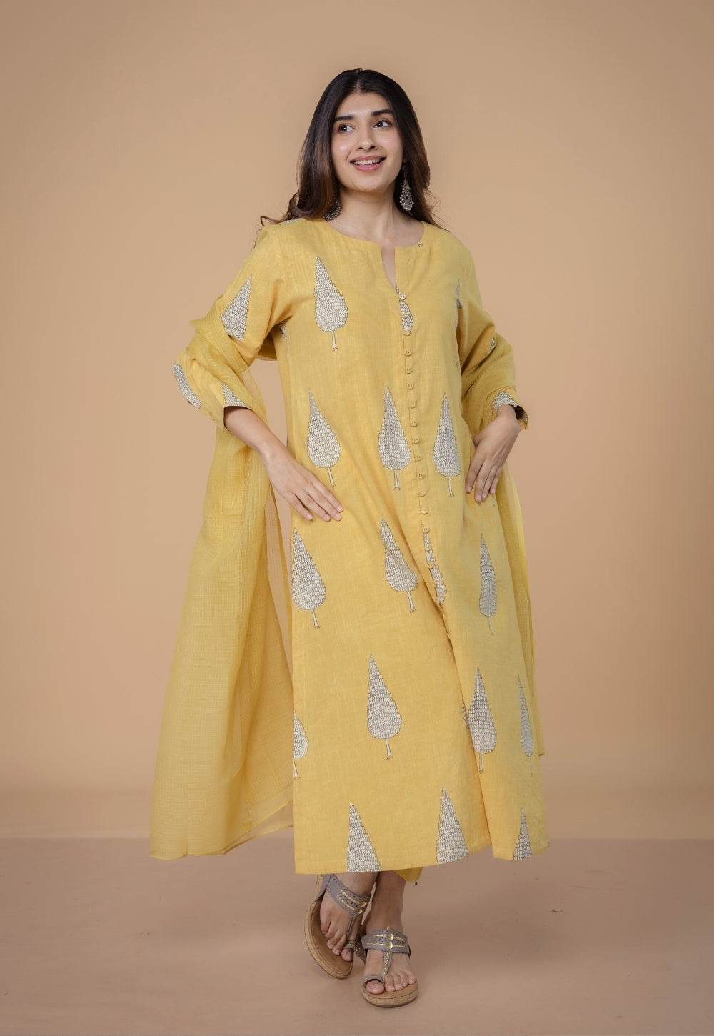 Ruchi Yellow Dabu Slub Cottton Straight Kurta
