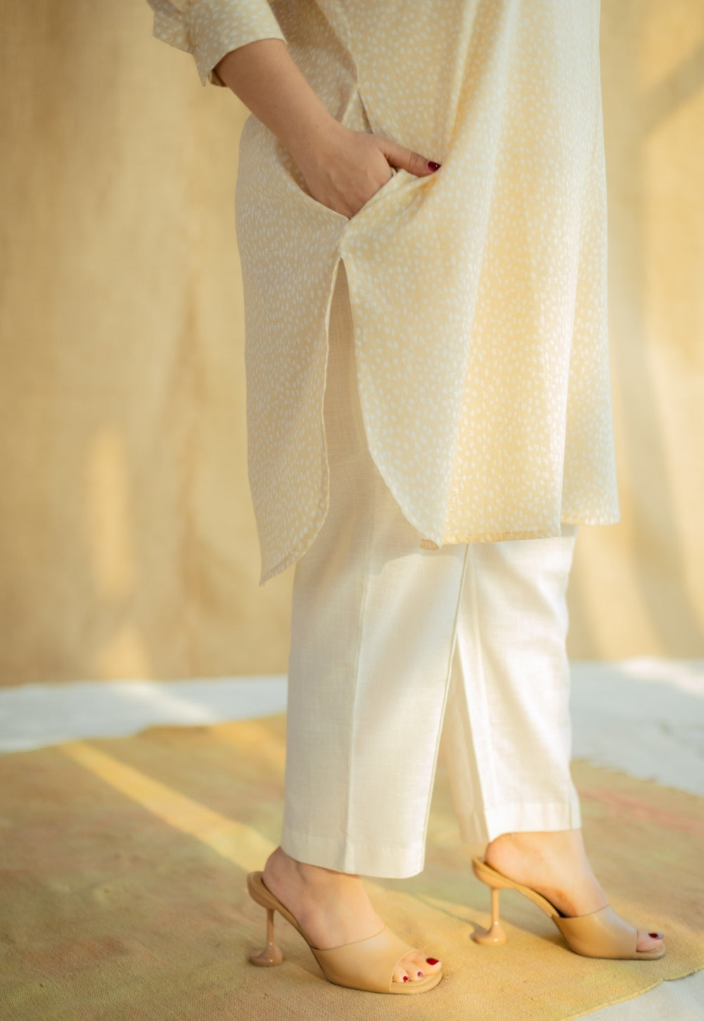 Nashwa Cream Hand Block Print Slub Cotton A Line Kurta