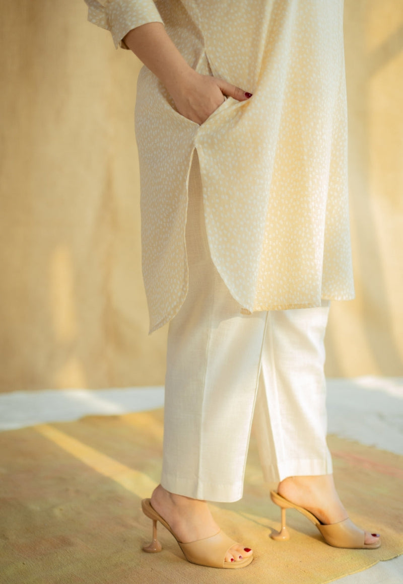 Nashwa Cream Hand Block Print Slub Cotton A Line Kurta