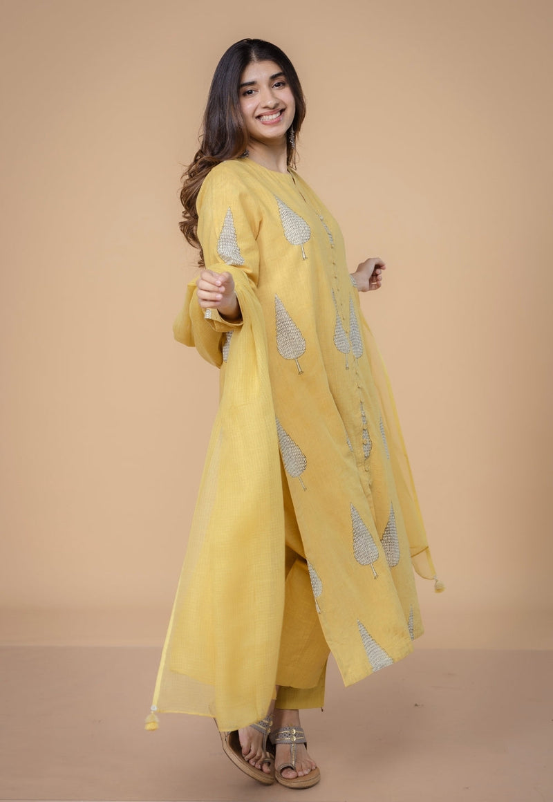 Ruchi Yellow Dabu Slub Cottton Straight Kurta