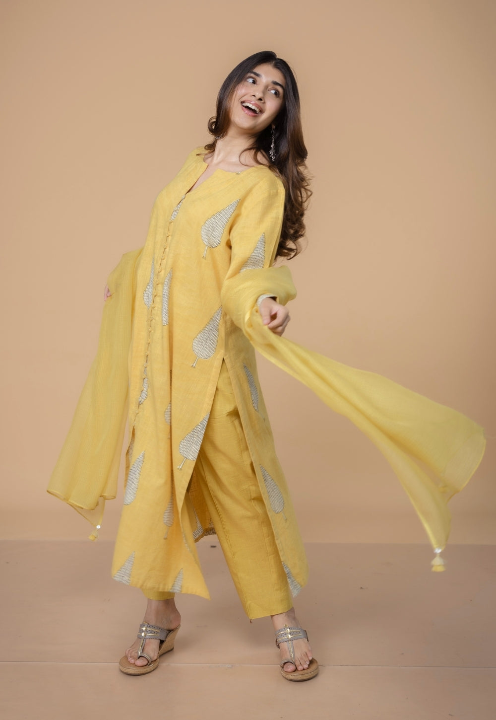Ruchi Yellow Dabu Slub Cottton Straight Kurta