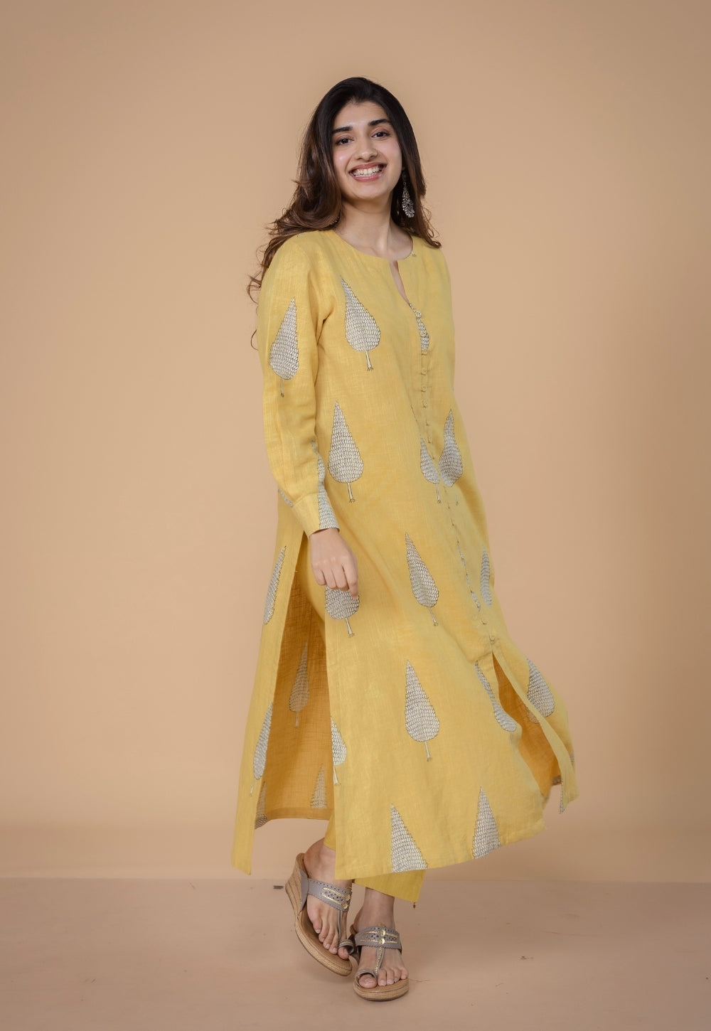 Ruchi Yellow Dabu Slub Cottton Straight Kurta