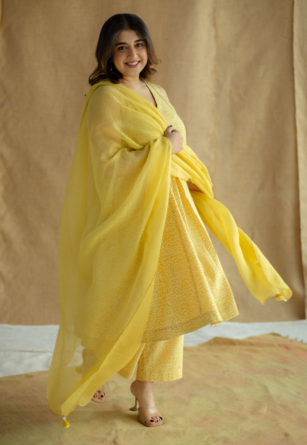 Aziza Mustard Hand Block Print Slub Cotton A Line Kurta
