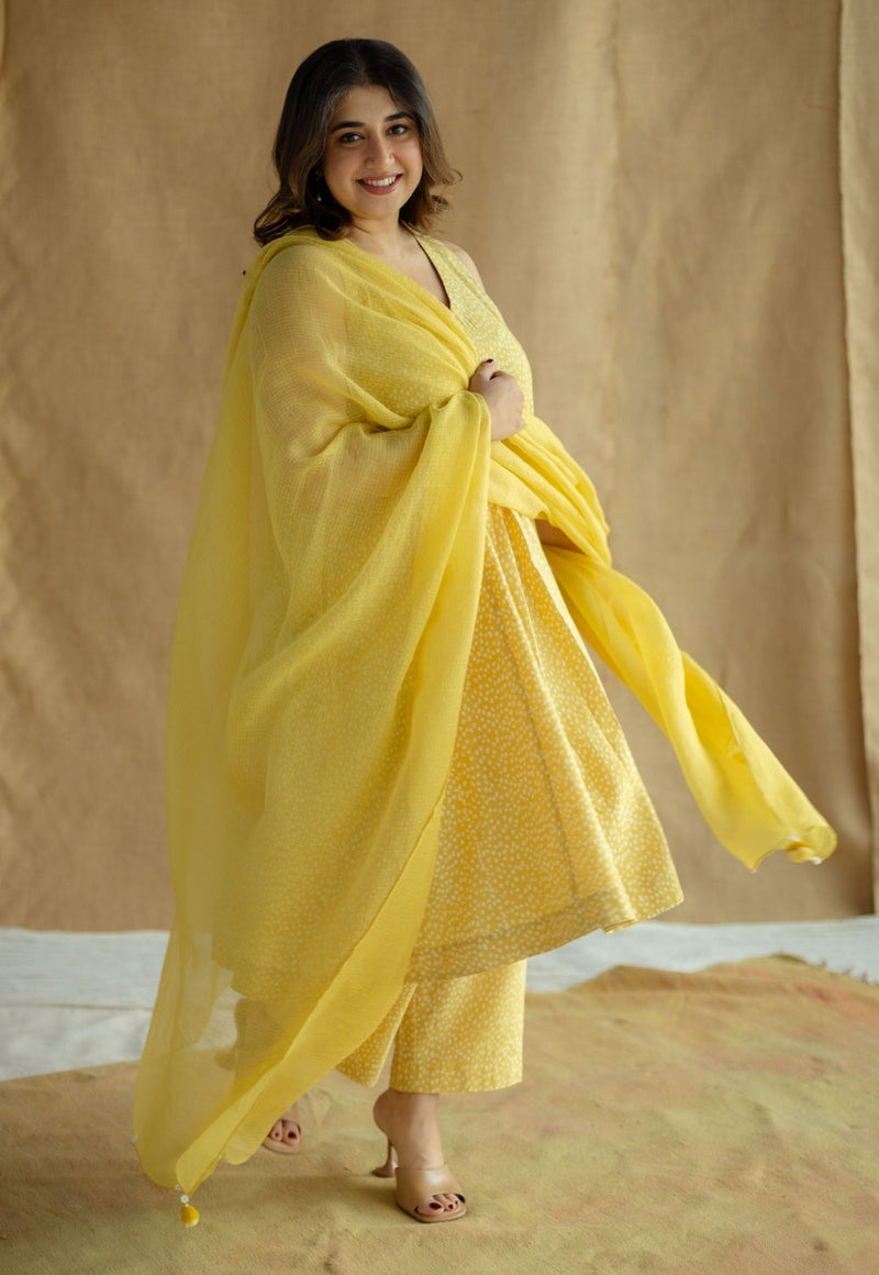 Aziza Mustard Hand Block Print Slub Cotton A Line Kurta