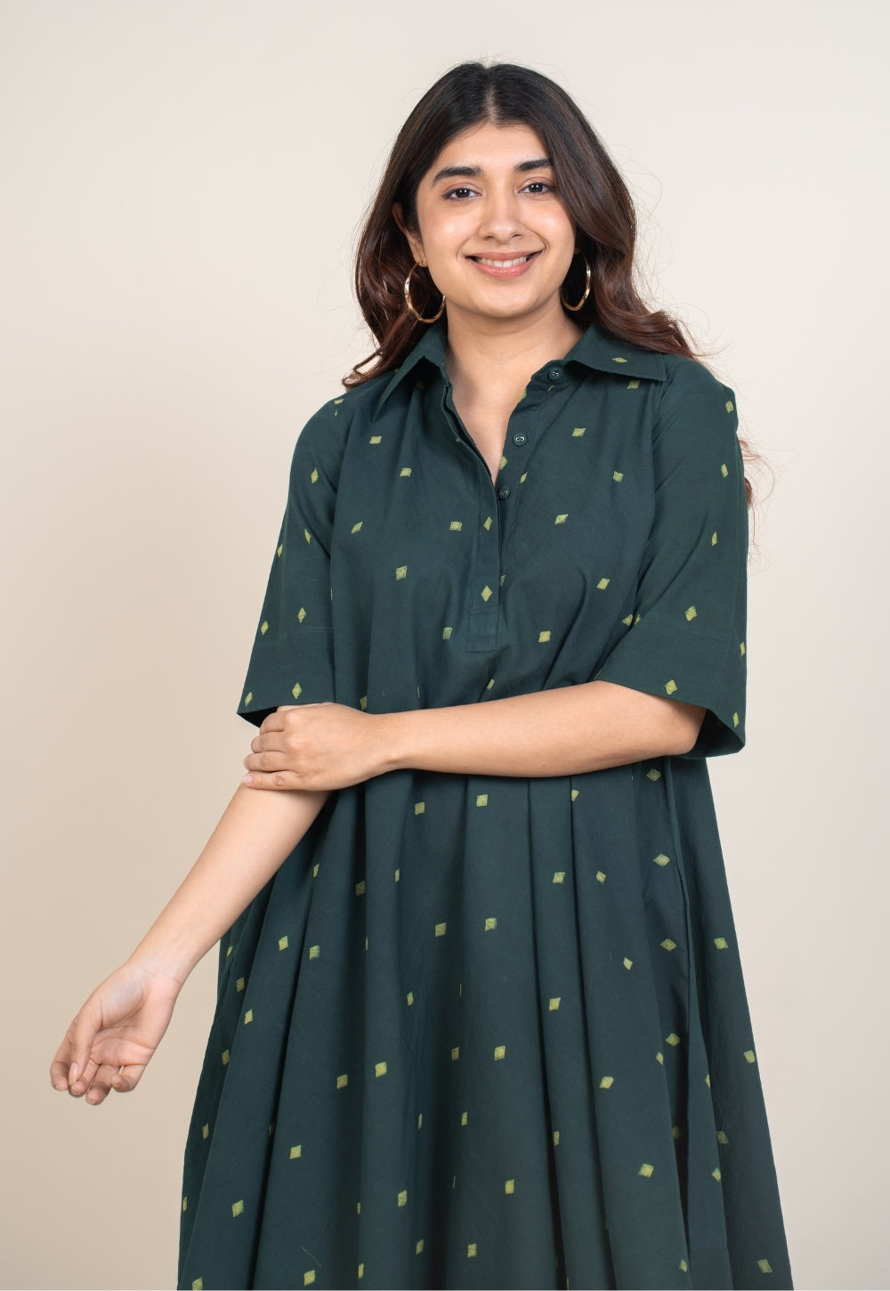 Srisha Green Dabu Cotton A Line Dress