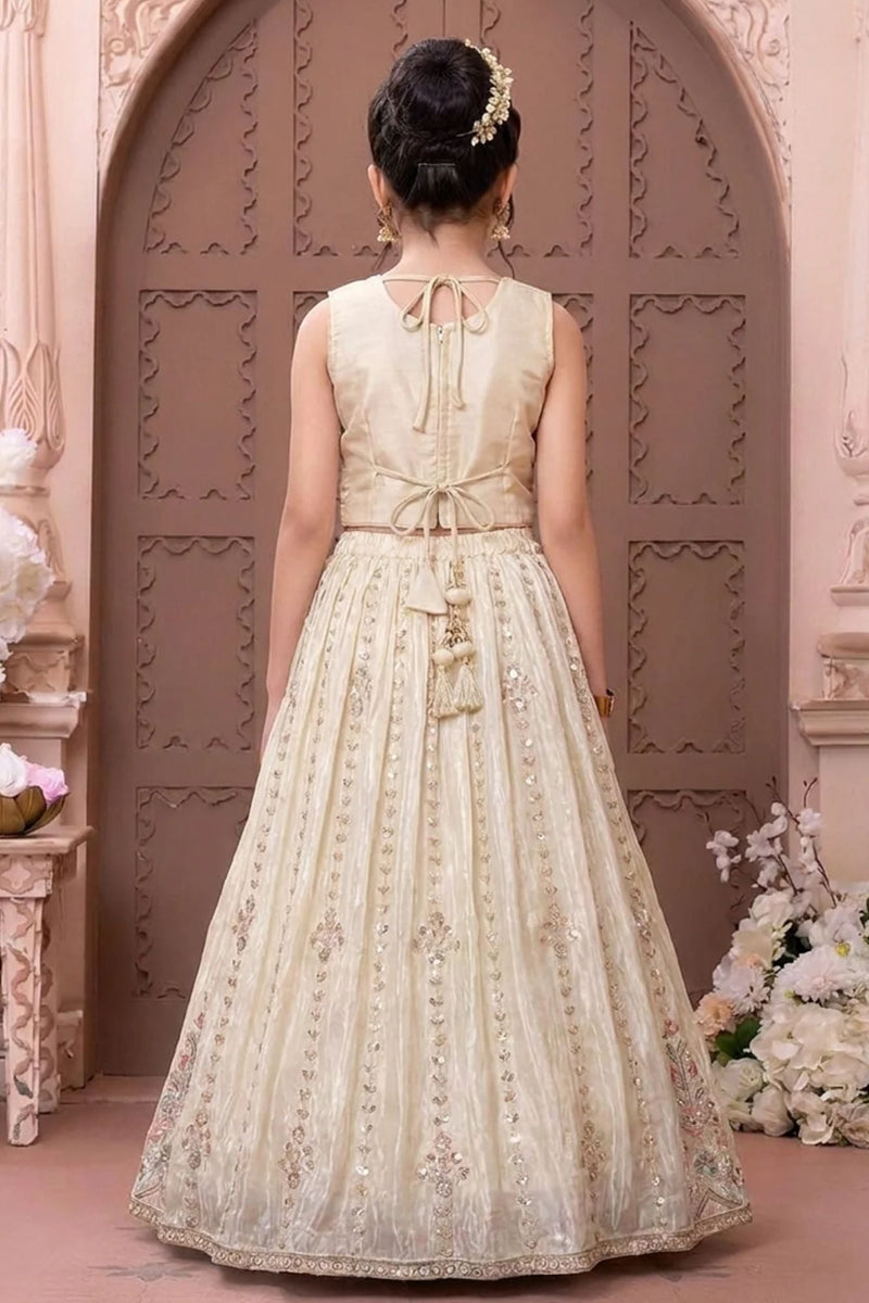 Cream Floral Embroidered Lehenga Choli with Dupatta for Girls