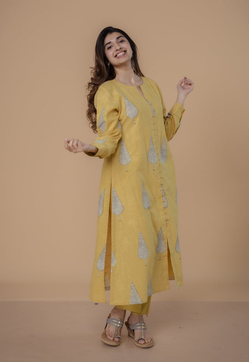 Ruchi Yellow Dabu Slub Cottton Straight Kurta