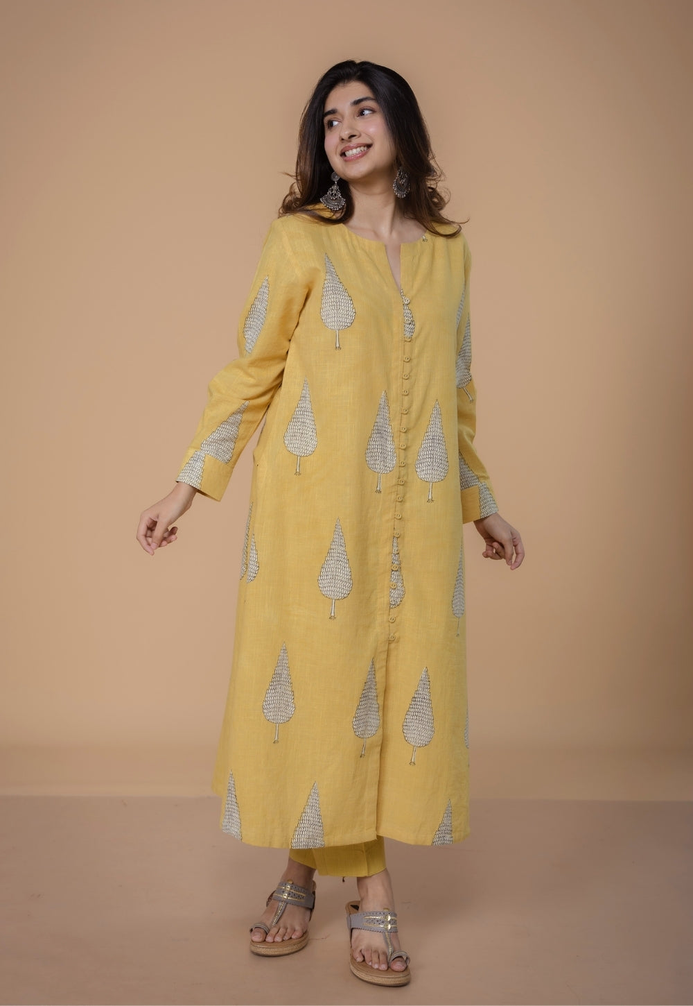 Ruchi Yellow Dabu Slub Cottton Straight Kurta