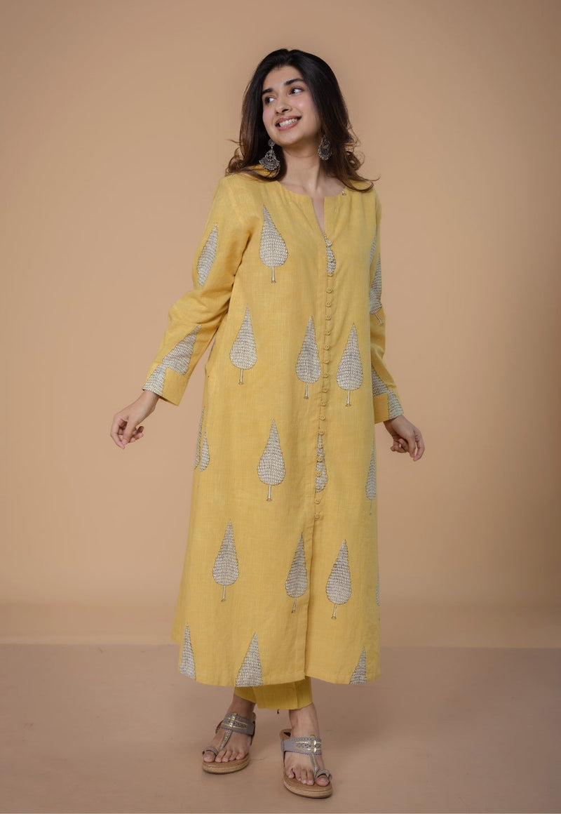 Ruchi Yellow Dabu Slub Cottton Straight Kurta