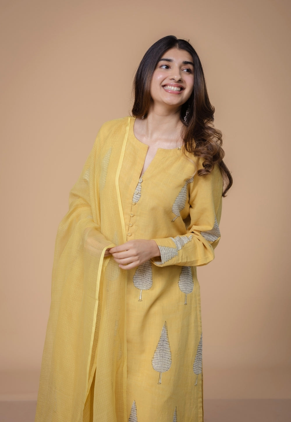 Ruchi Yellow Dabu Slub Cottton Straight Kurta