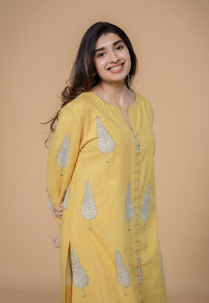 Ruchi Yellow Dabu Slub Cottton Straight Kurta