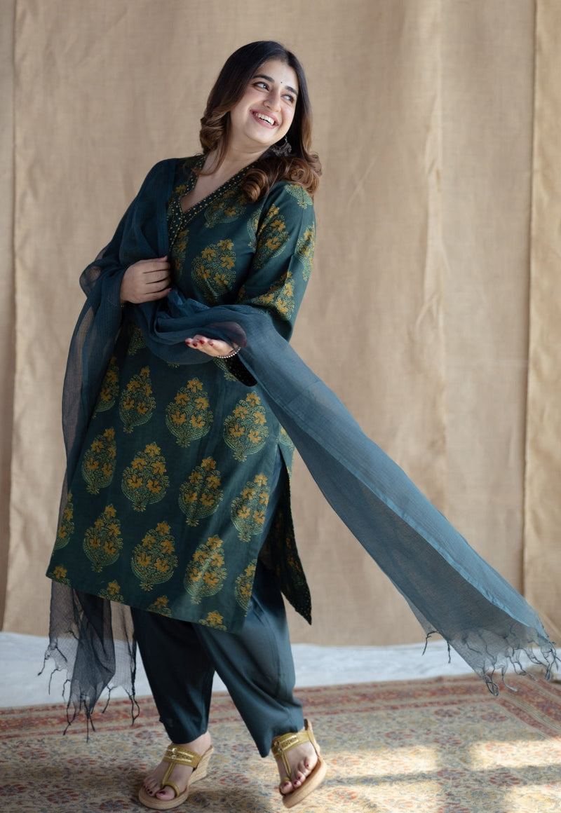 Sanya Green Ajrakh Cotton Straight Kurta with Hand Embroidery