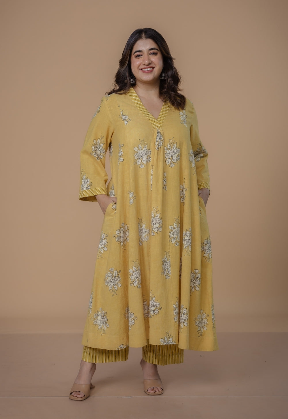 Yashi Yellow Dabu Slub Cotton Straight Pant