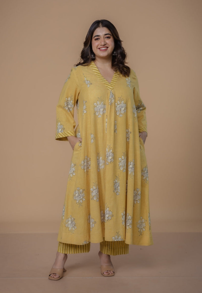 Yashi Yellow Dabu Slub Cotton Straight Pant