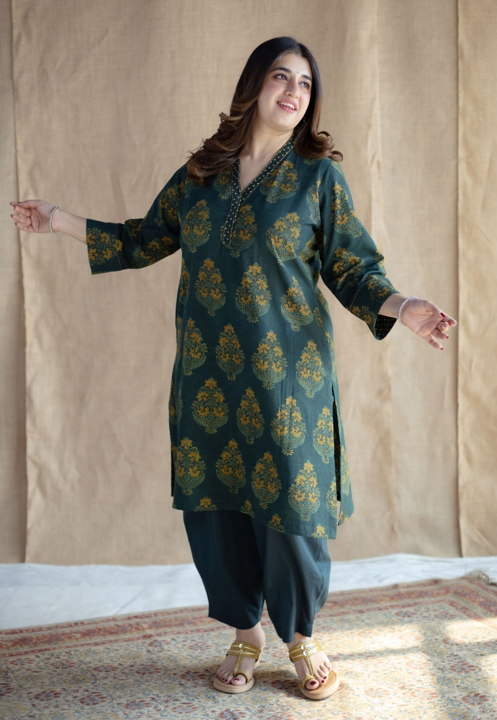 Sanya Green Ajrakh Cotton Straight Kurta with Hand Embroidery