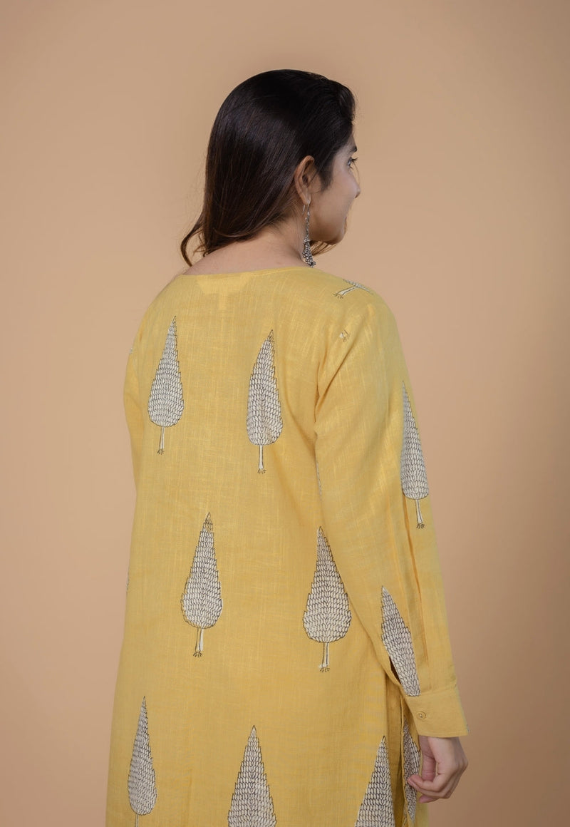 Ruchi Yellow Dabu Slub Cottton Straight Kurta