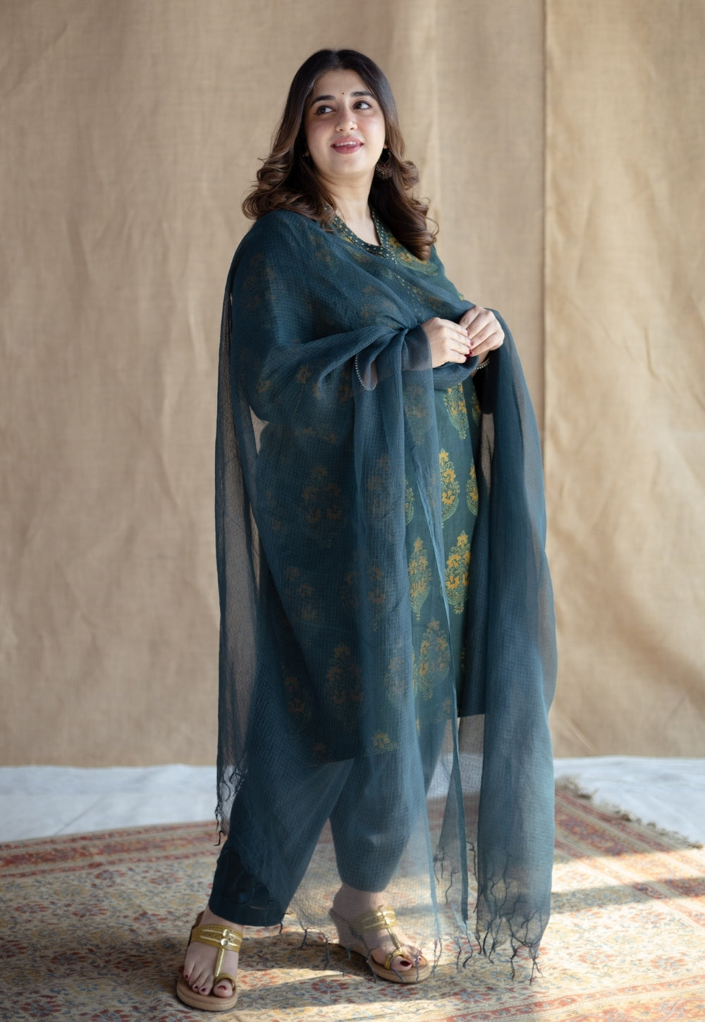 Sanya Green Ajrakh Cotton Straight Kurta with Hand Embroidery