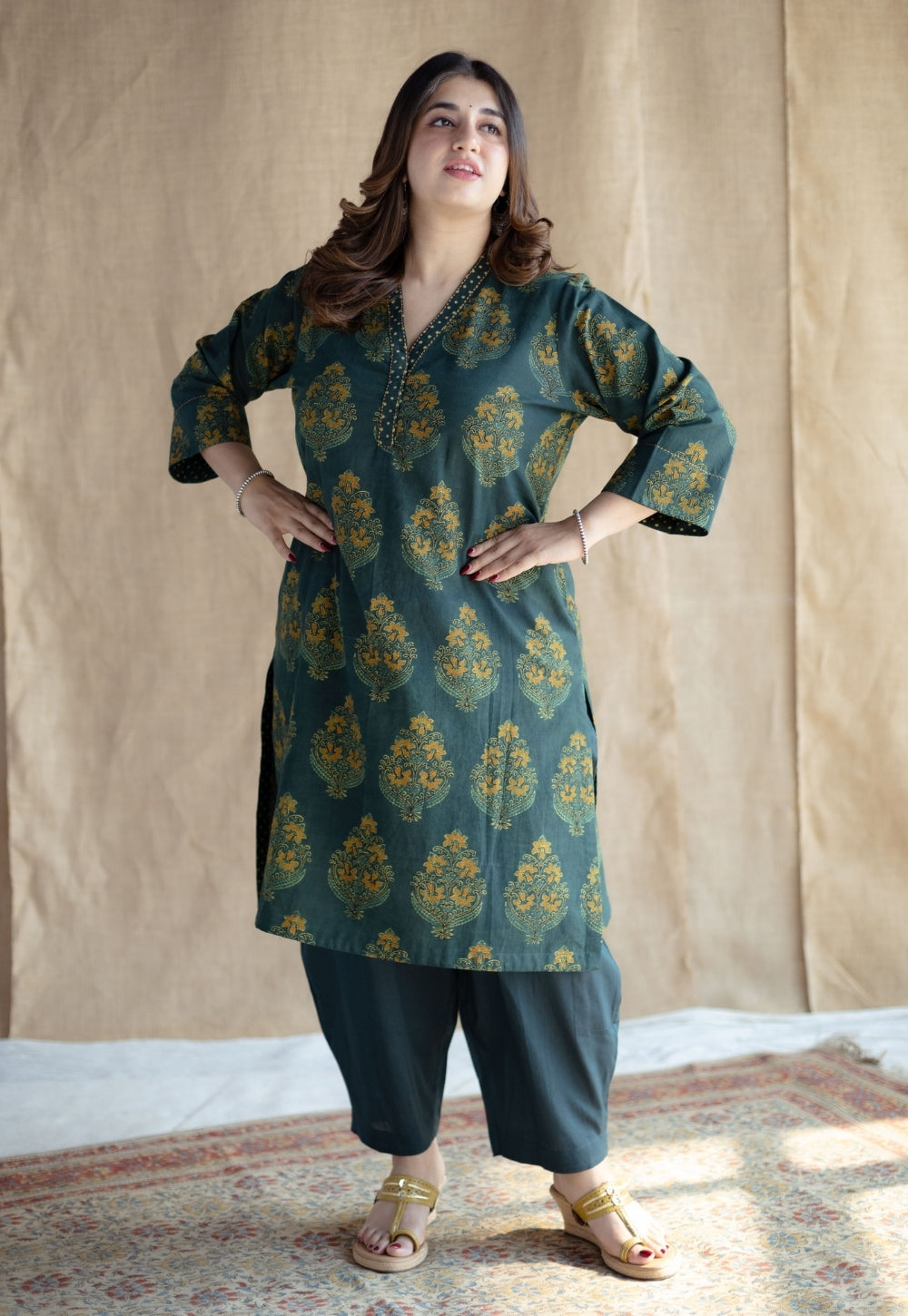 Sanya Green Ajrakh Cotton Straight Kurta with Hand Embroidery