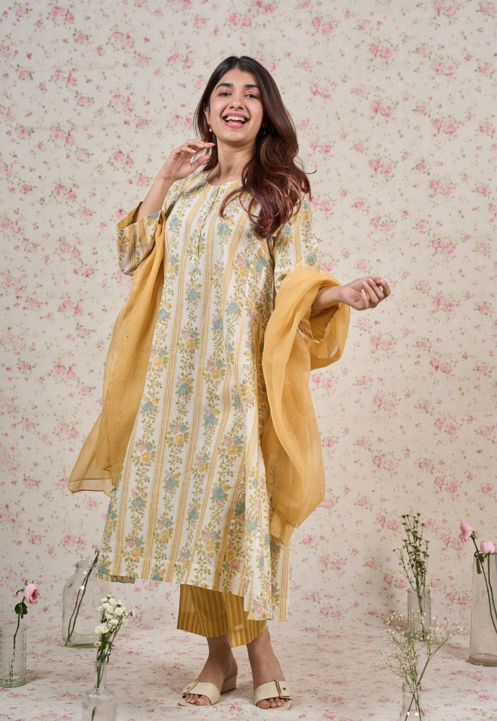 Ivy Yellow Sanganeri Mul Cotton Jhabbha Kali Kurta with Bead Work