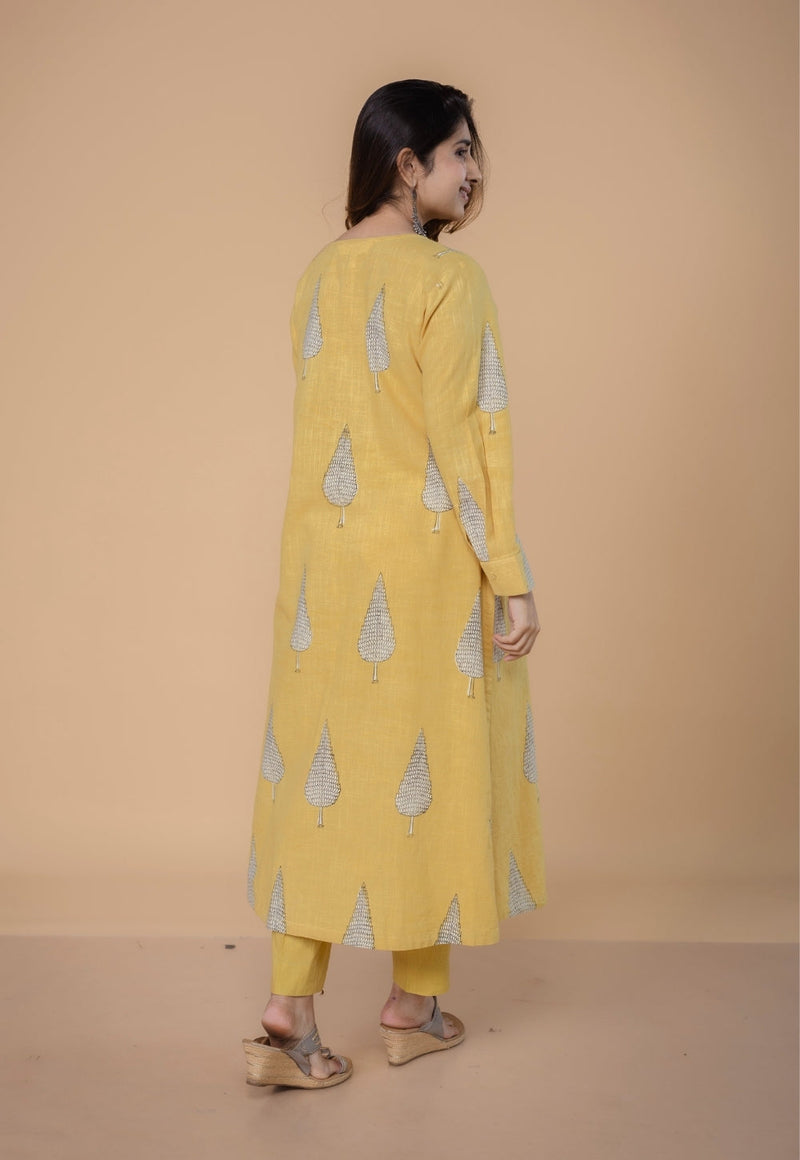 Ruchi Yellow Dabu Slub Cottton Straight Kurta