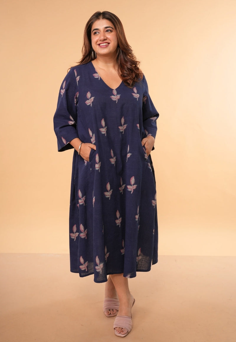 Vidya Blue Dabu Slub Cotton A Line Dress