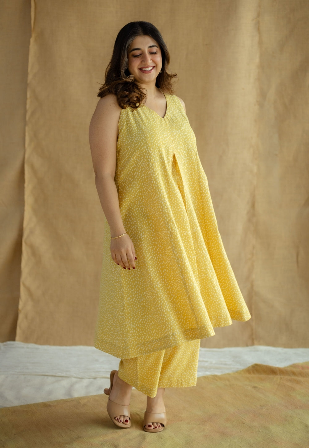 Aziza Mustard Hand Block Print Slub Cotton A Line Kurta
