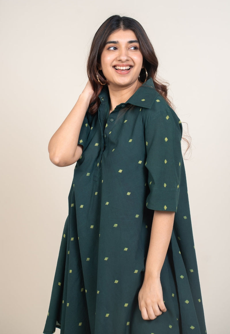 Srisha Green Dabu Cotton A Line Dress