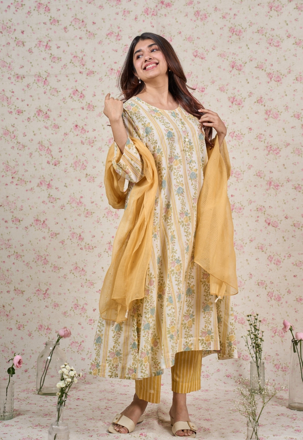Ivy Yellow Sanganeri Mul Cotton Jhabbha Kali Kurta with Bead Work