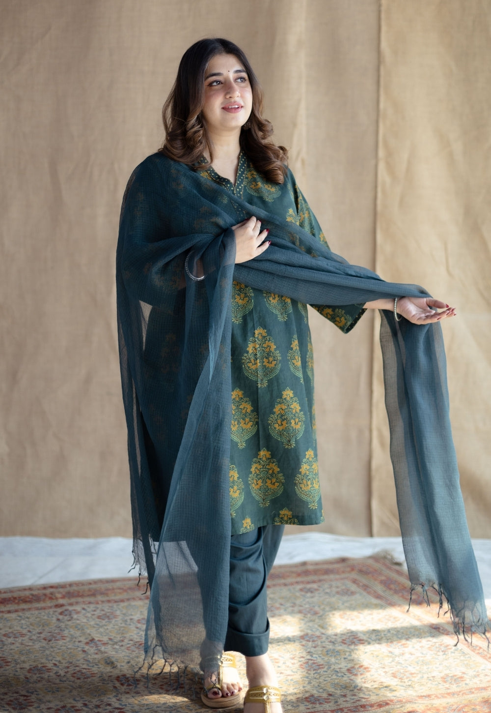 Sanya Green Ajrakh Cotton Straight Kurta with Hand Embroidery