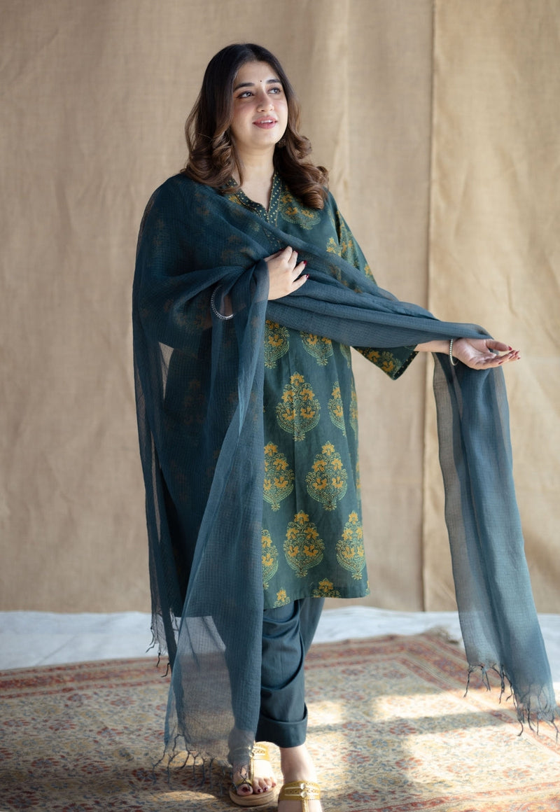 Sanya Green Ajrakh Cotton Straight Kurta with Hand Embroidery