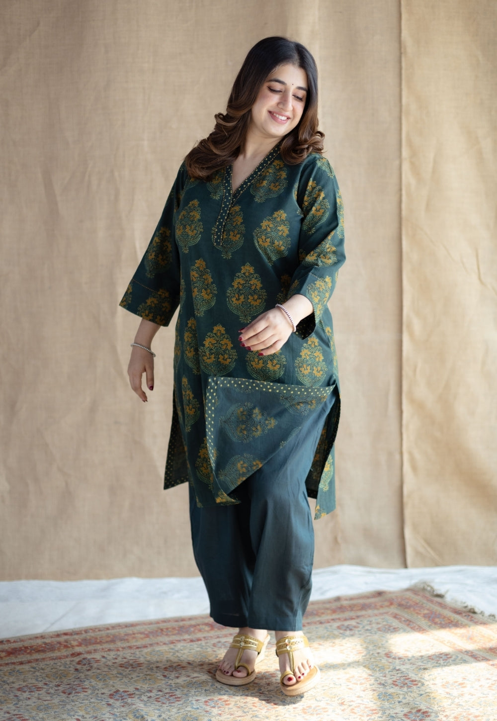 Sanya Green Ajrakh Cotton Straight Kurta with Hand Embroidery