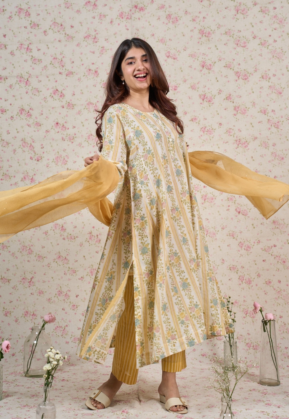 Ivy Yellow Sanganeri Mul Cotton Jhabbha Kali Kurta with Bead Work