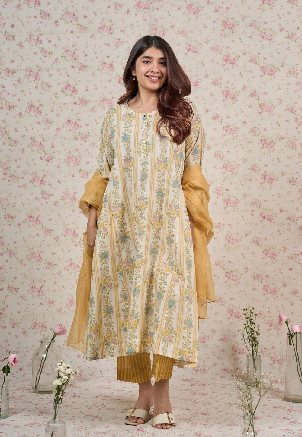 Ivy Yellow Sanganeri Mul Cotton Jhabbha Kali Kurta with Bead Work